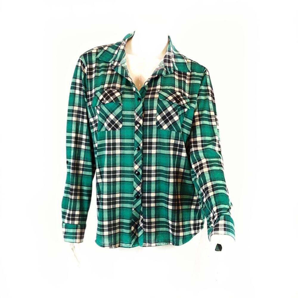 Long Sleeve Plaid Shirt ALWAYS INDIGO Western Soft Cozy Green Black Fall Size 1X